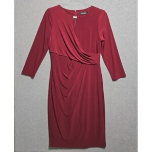 Lauren Ralph Lauren Size 8 Faux Wrap Sheath Midi Dress Cocktail Career Burgundy